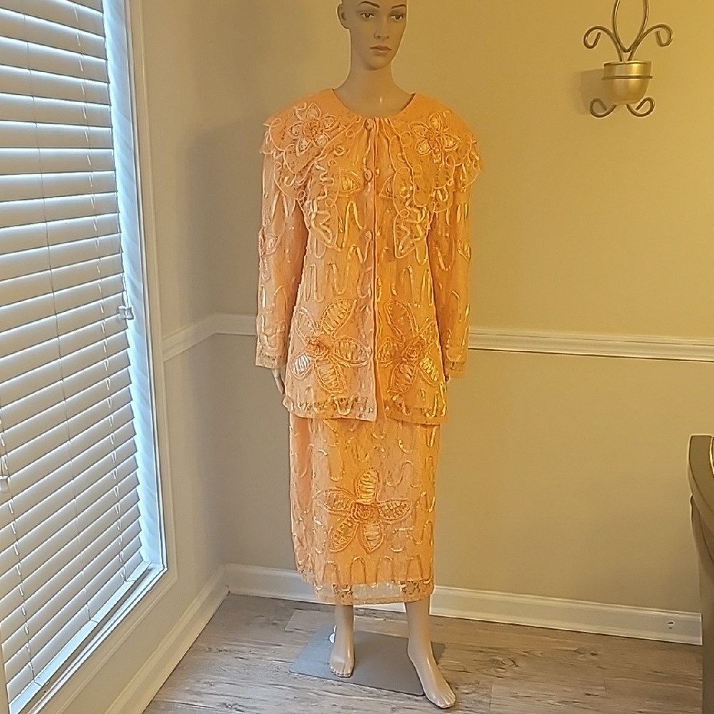 Embellished Vintage Orange Midi Skirt Set